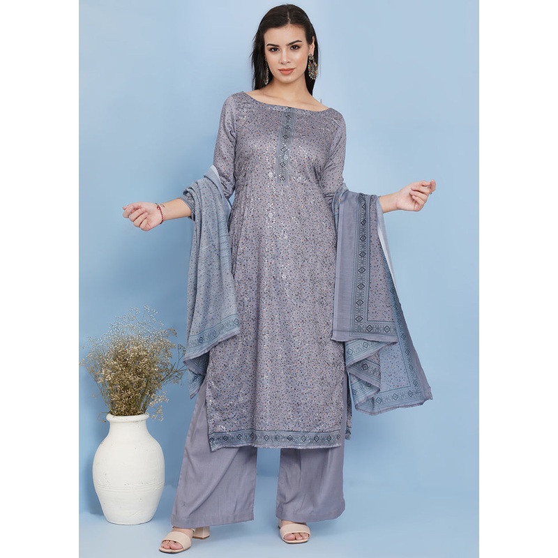 3 Pc Grey Unstitched Suit Set With Dupatta - JD986590919