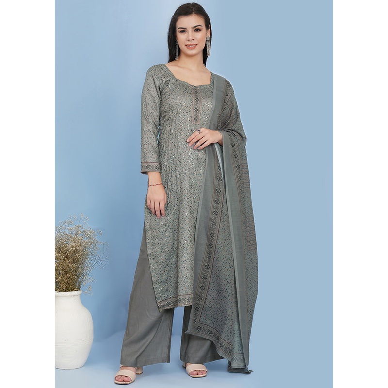 3 Pc Grey Unstitched Suit Set With Dupatta - JD986590920