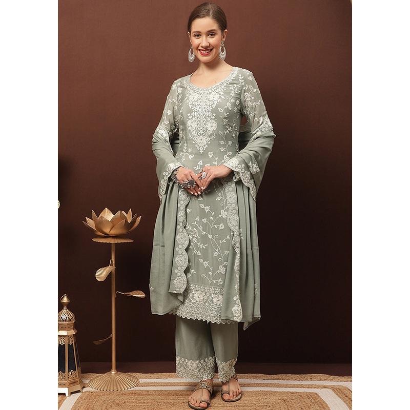 3 Pc Grey Unstitched Suit Set With Dupatta - JD986591040