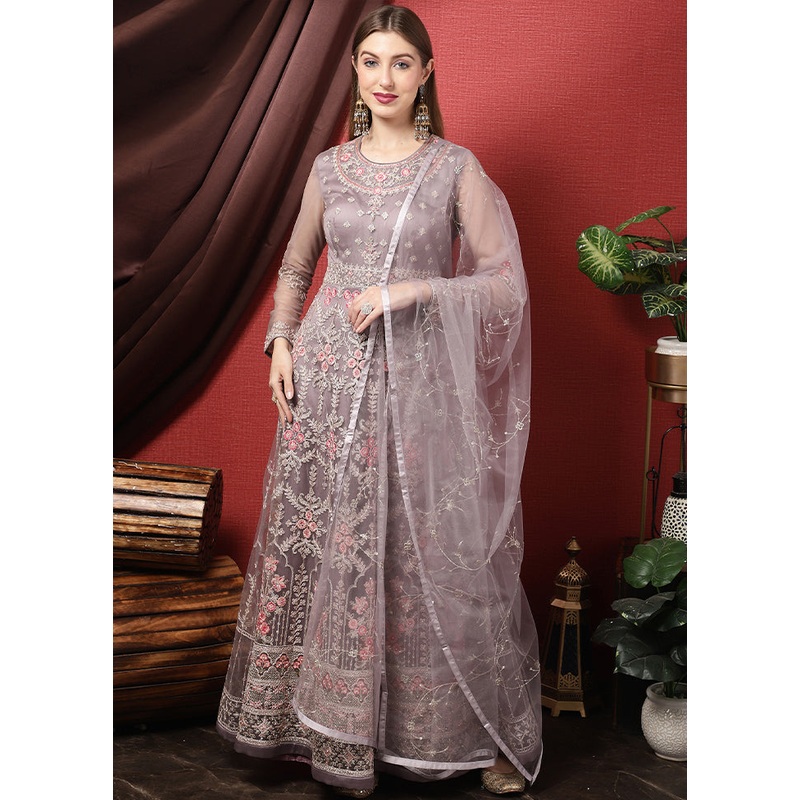 3 Pc Grey Unstitched Suit Set With Dupatta - JD986591059