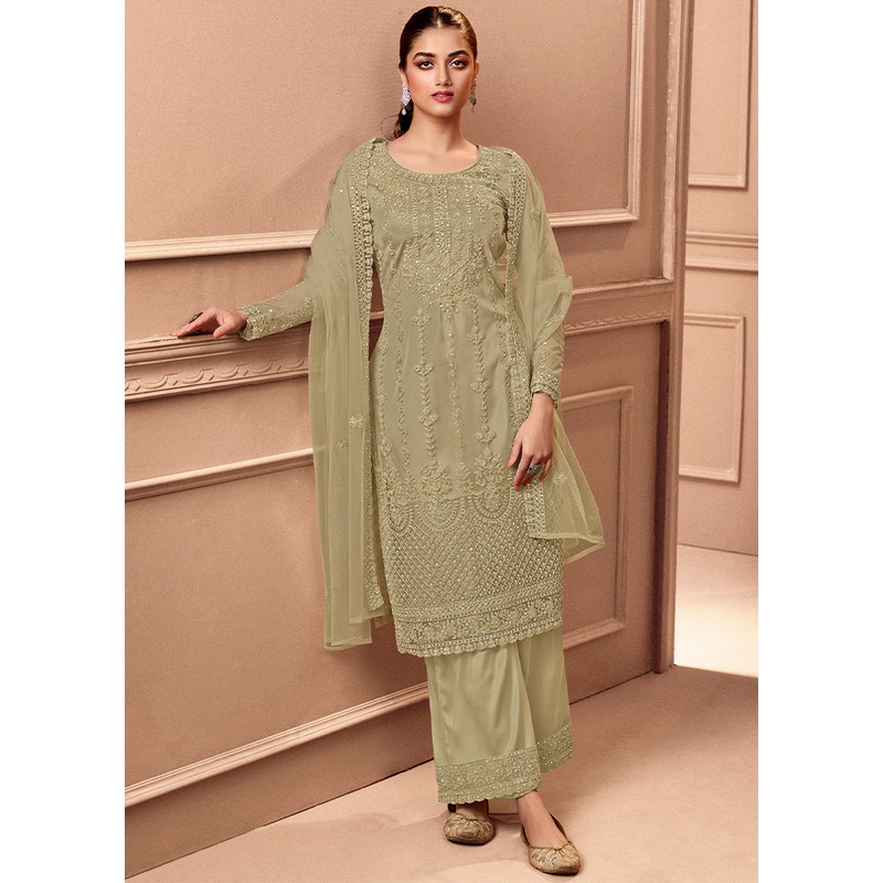 3 Pc Greyish Green Unstitched Net Floral Work Suit Set - JD986591015