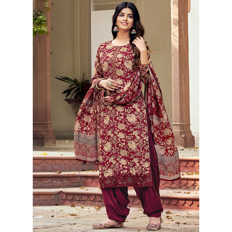 3 Pc Magenta Unstitched Crepe Suit Set With Dupatta - JD986590915