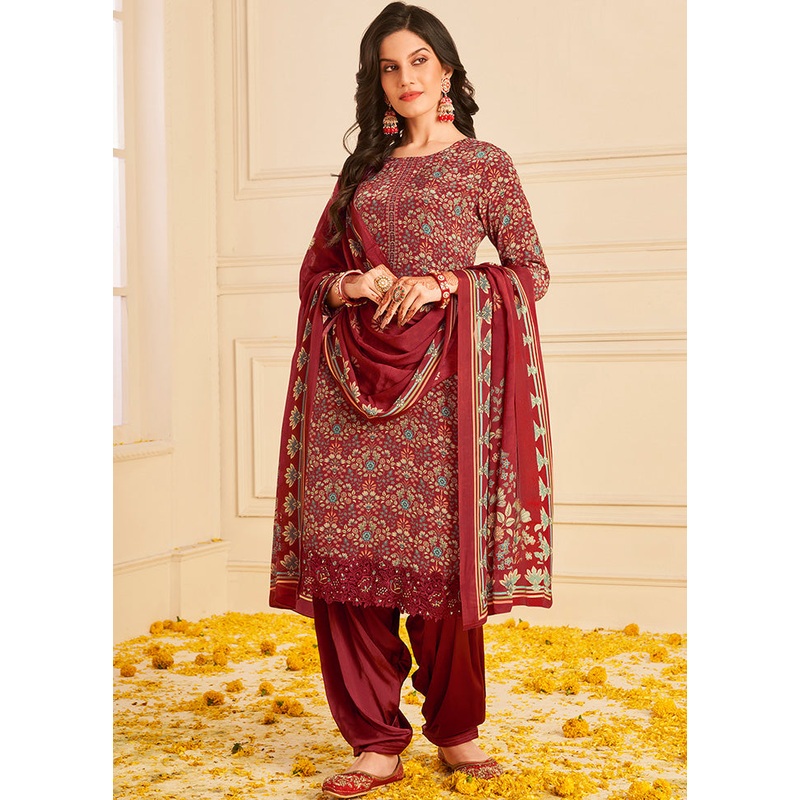 3 Pc Maroon Unstitched Crepe Suit Set With Dupatta - JD986590999