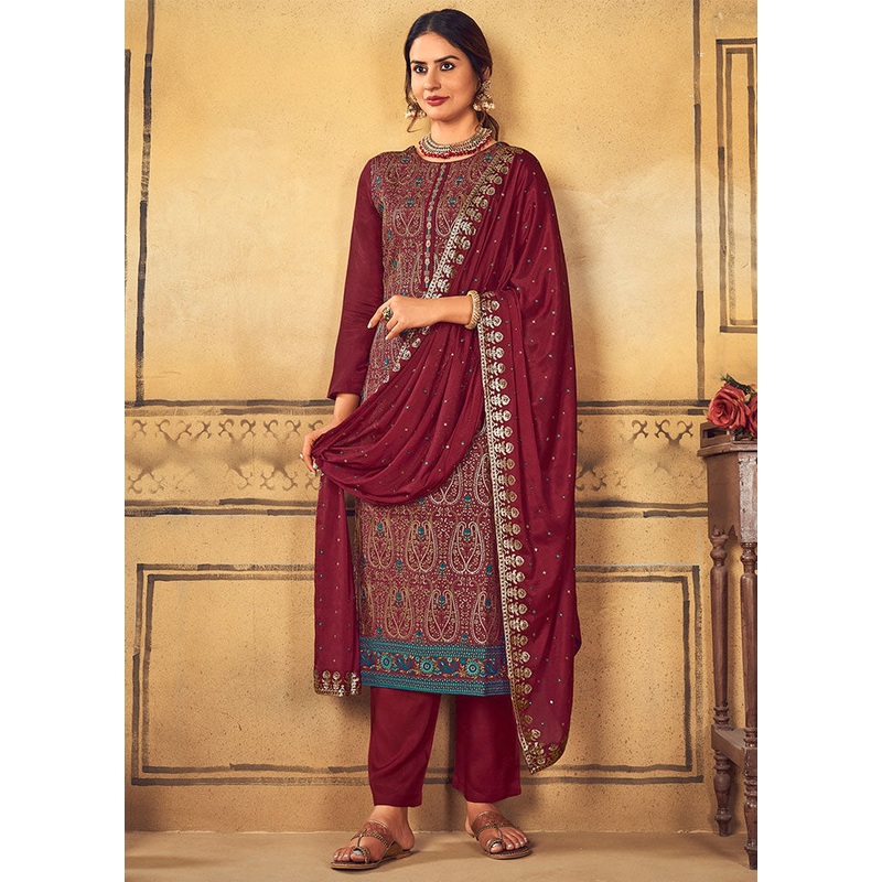 3 Pc Maroon Unstitched Salwar Suit Set With Dupatta - JD986591022