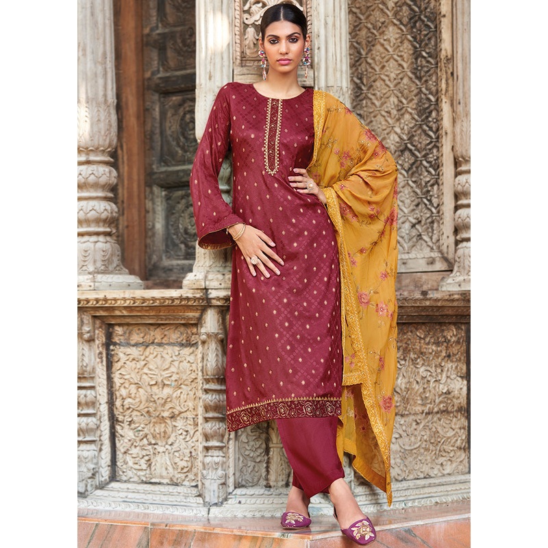 3 Pc Maroon Unstitched Silk Suit Set With Dupatta - JD986591005