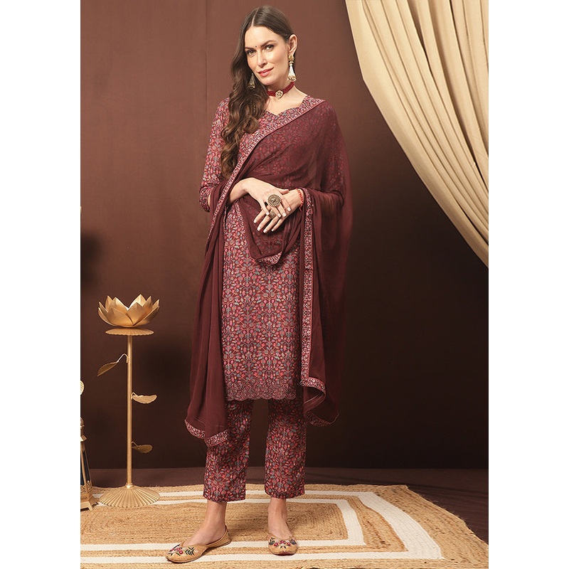 3 Pc Maroon Unstitched Silk Suit Set With Dupatta - JD986591027