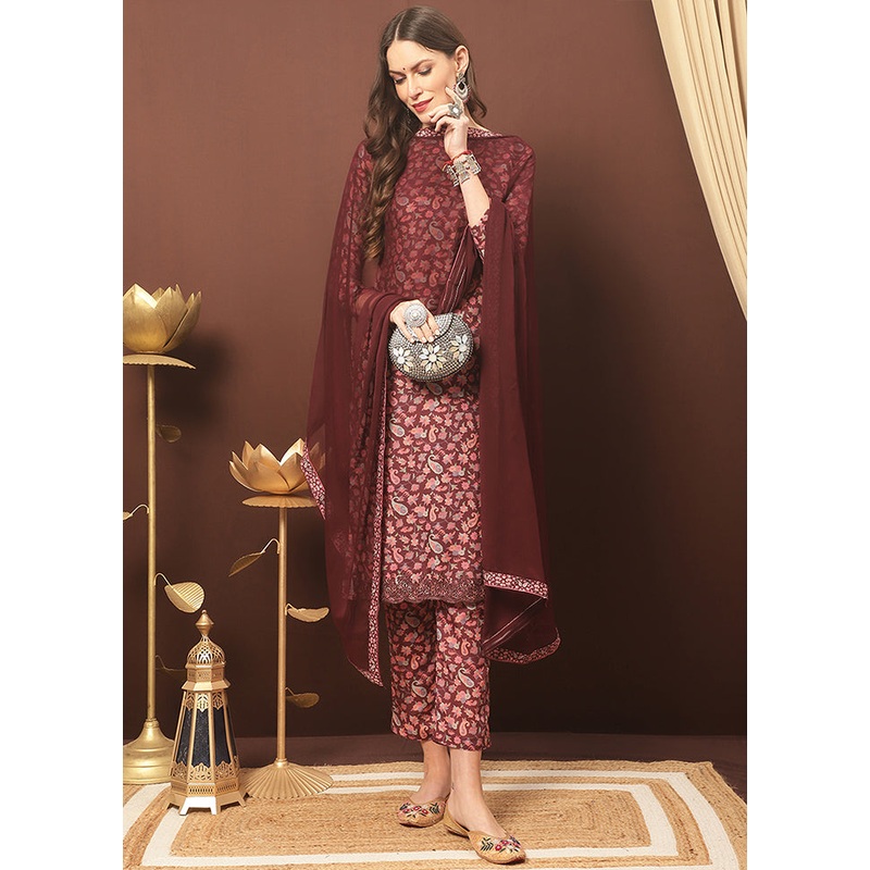 3 Pc Maroon Unstitched Silk Suit Set With Dupatta - JD986591028