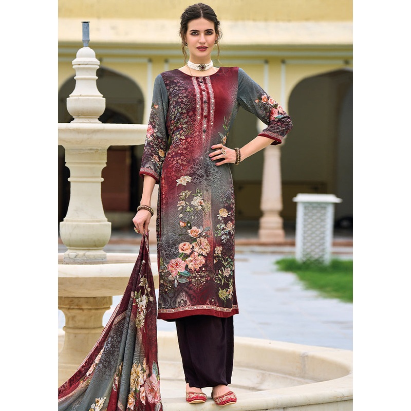 3 Pc Maroon Unstitched Suit Set With Dupatta - JD986591009