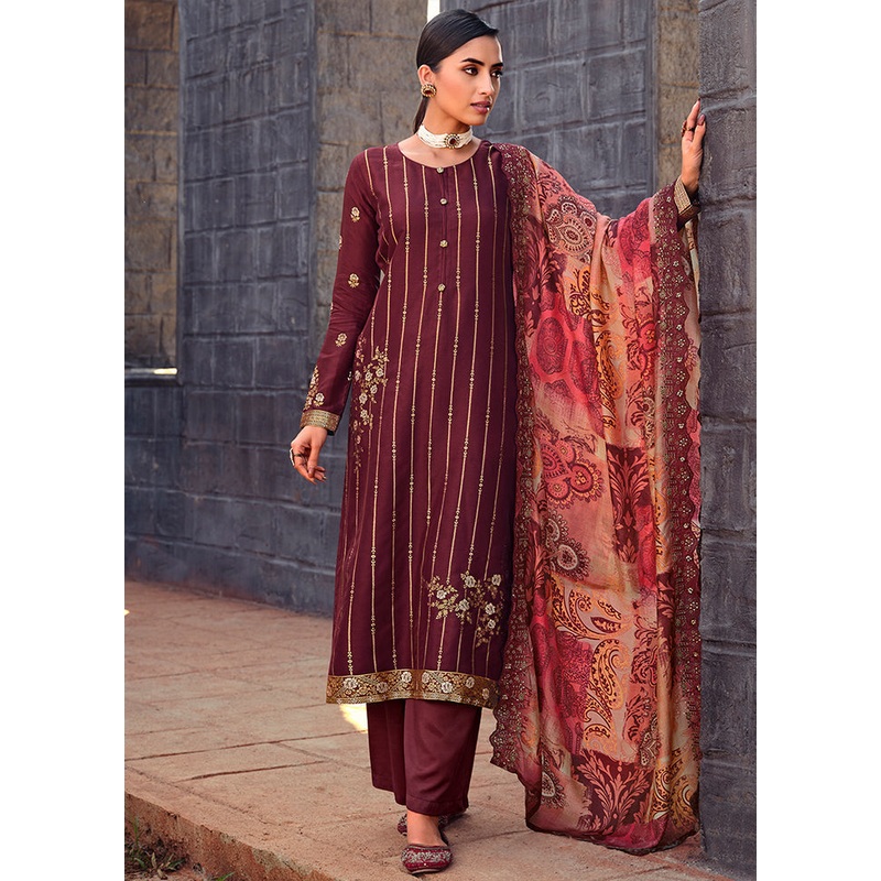 3 Pc Maroon Unstitched Suit Set With Dupatta - JD986591048