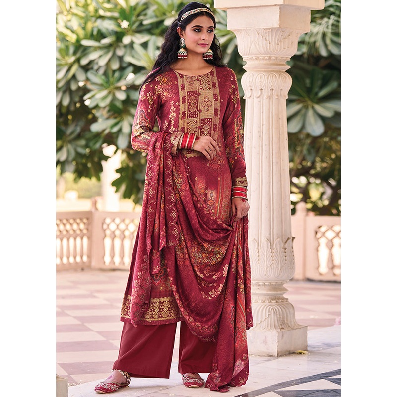 3 Pc Maroon Unstitched Suit Set With Dupatta - JD986591052