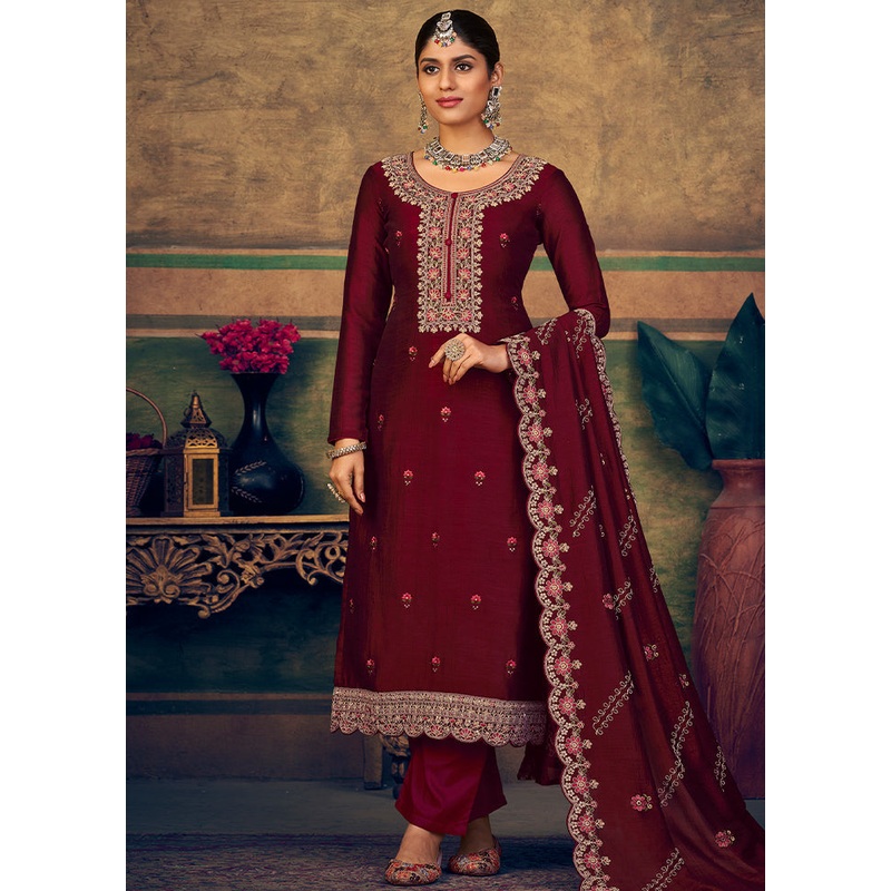3 Pc Maroon Unstitched Suit Set With Dupatta - JD986591062