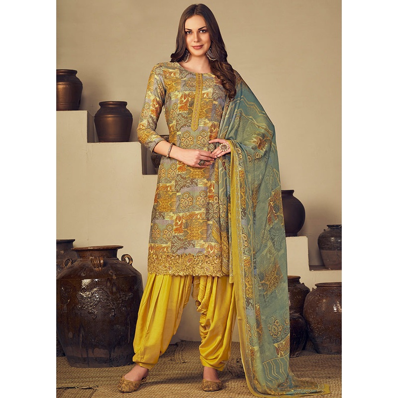 3 Pc Multicolor Unstitched Silk Suit Set With Dupatta - JD986590950