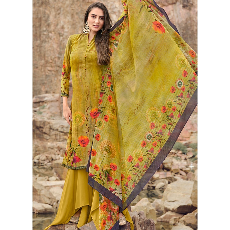 3 Pc Mustard Digital Unstitched Suit Set With Dupatta - JD986590927
