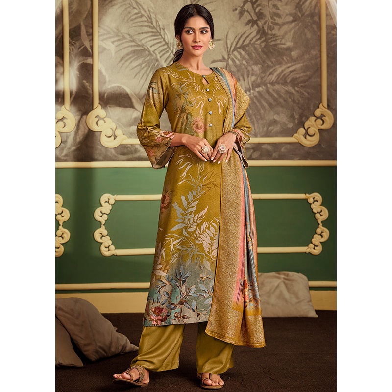 3 Pc Mustard Unstitched Silk Suit Set - JD986590995