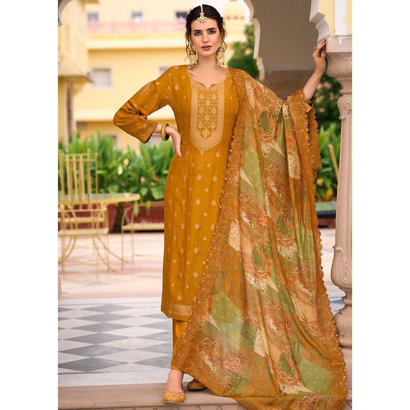 3 Pc Mustard Unstitched Silk Suit Set With Dupatta - JD986590921