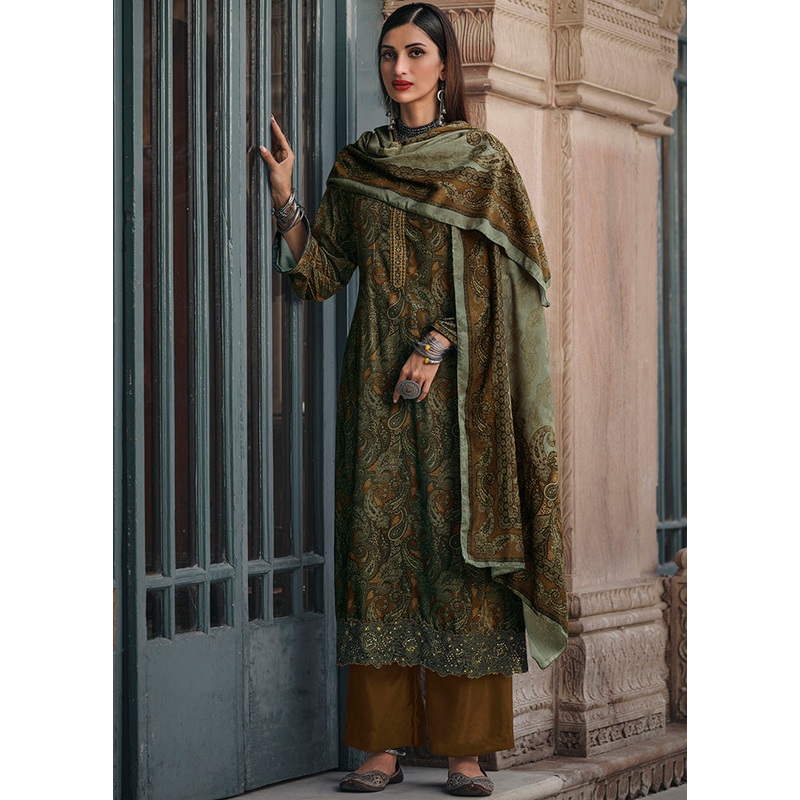 3 Pc Mustard Unstitched Silk Suit Set With Dupatta - JD986590965