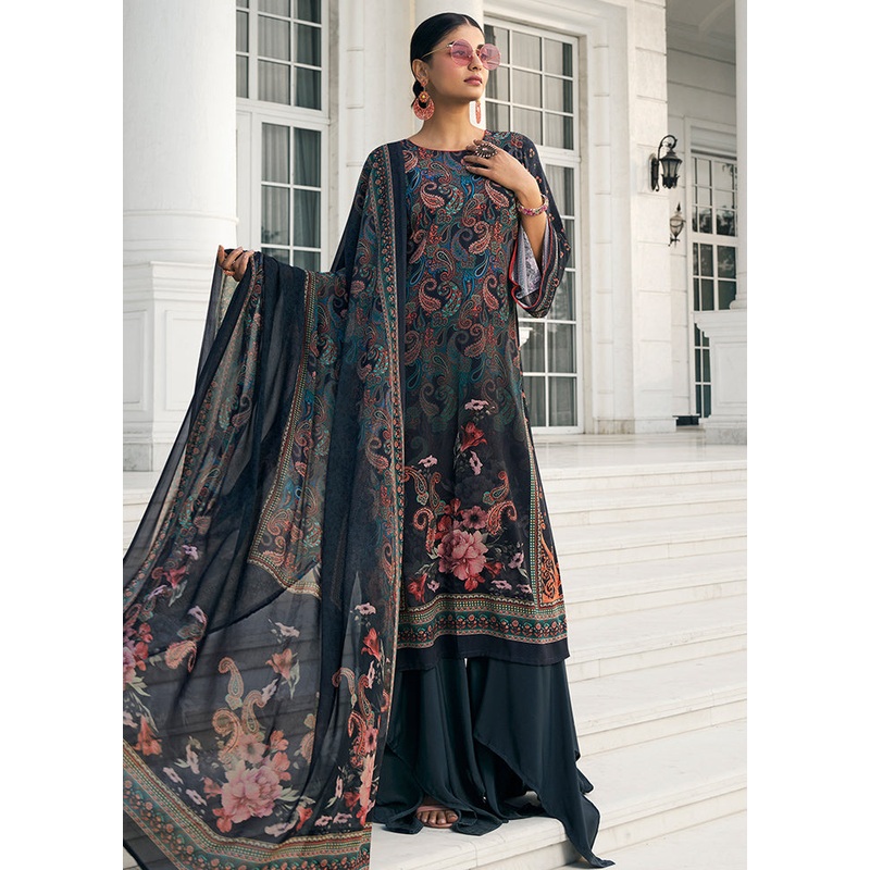 3 Pc Navy Blue Unstitched Digital Print Silk Suit Set - JD986591080