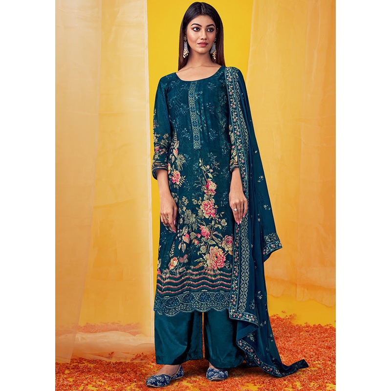 3 Pc Navy Blue Unstitched Georgette Suit Set With Dupatta - JD986590931