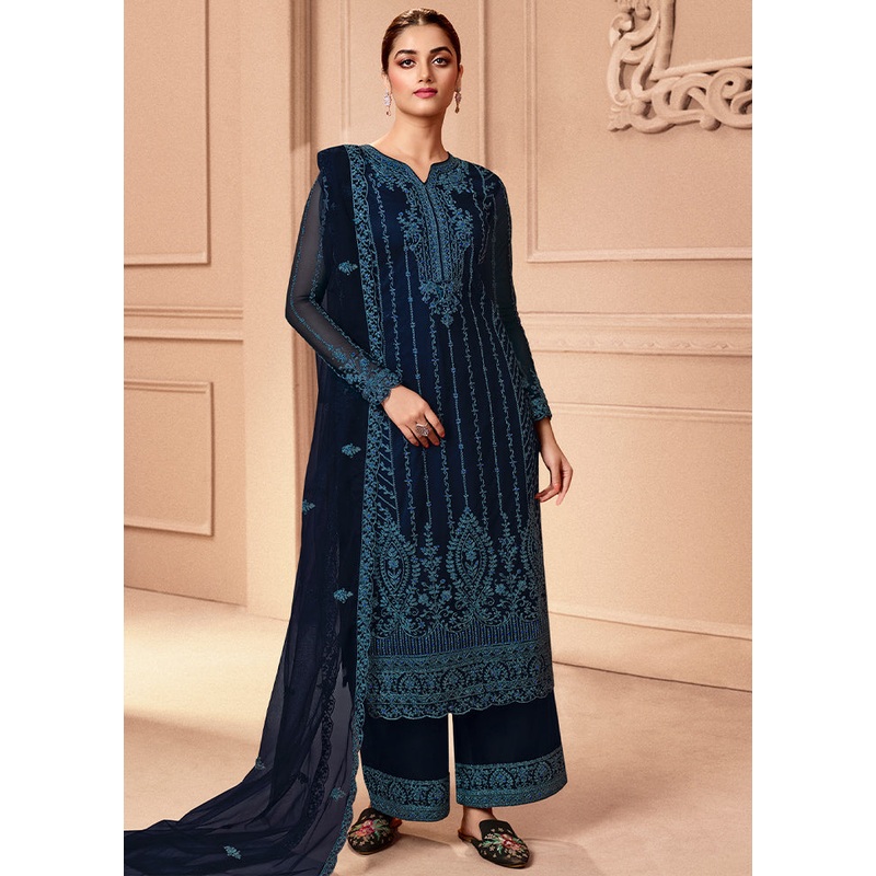 3 Pc Navy Blue Unstitched Net Floral Work Suit Set - JD986591014