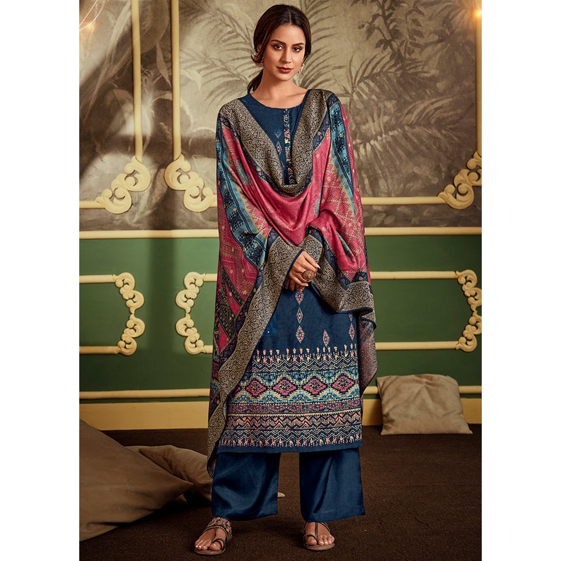 3 Pc Navy Blue Unstitched Silk Suit Set - JD986590993