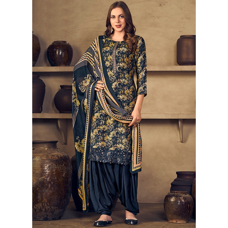 3 Pc Navy Blue Unstitched Silk Suit Set With Dupatta - JD986590952