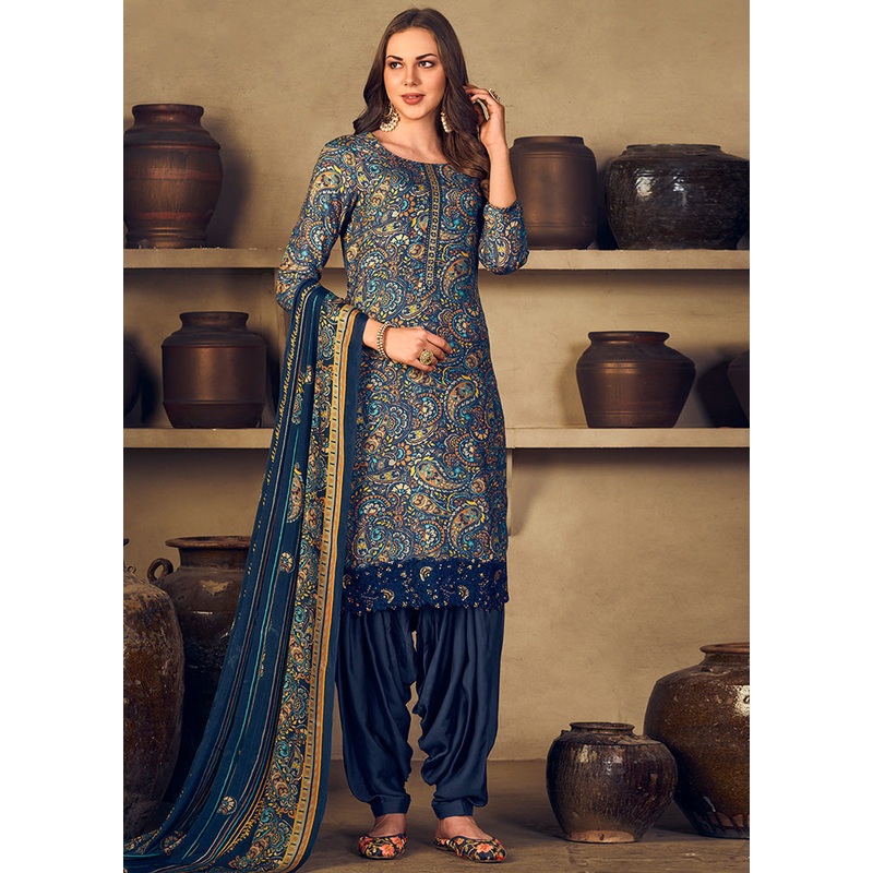 3 Pc Navy Blue Unstitched Silk Suit Set With Dupatta - JD986590954