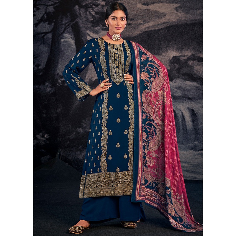 3 Pc Navy Blue Unstitched Silk Suit Set With Dupatta - JD986590973