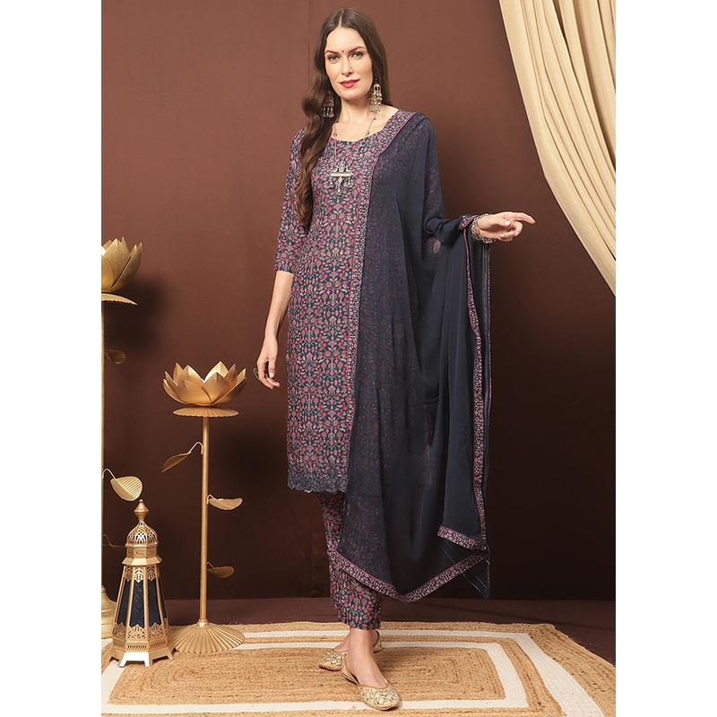 3 Pc Navy Blue Unstitched Silk Suit Set With Dupatta - JD986591025