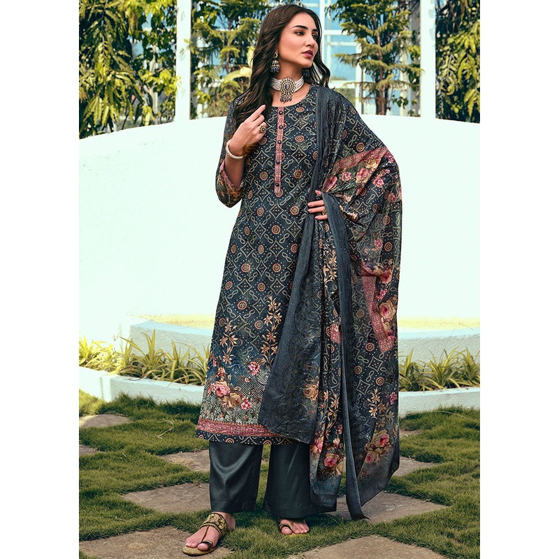 3 Pc Navy Blue Unstitched Suit Set With Dupatta - JD986591045