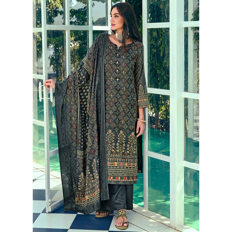 3 Pc Navy Blue Unstitched Suit Set With Dupatta - JD986591047
