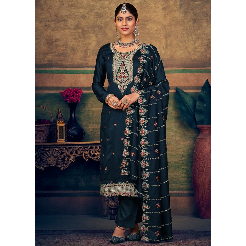 3 Pc Navy Blue Unstitched Suit Set With Dupatta - JD986591063
