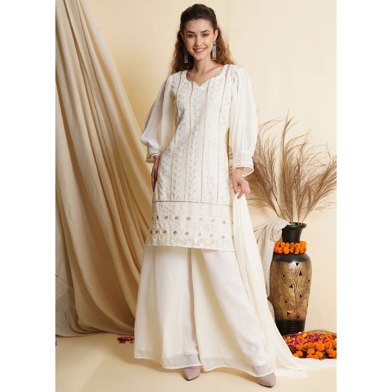 3 Pc Off White Georgette Unstitched Suit Set - JD986590912