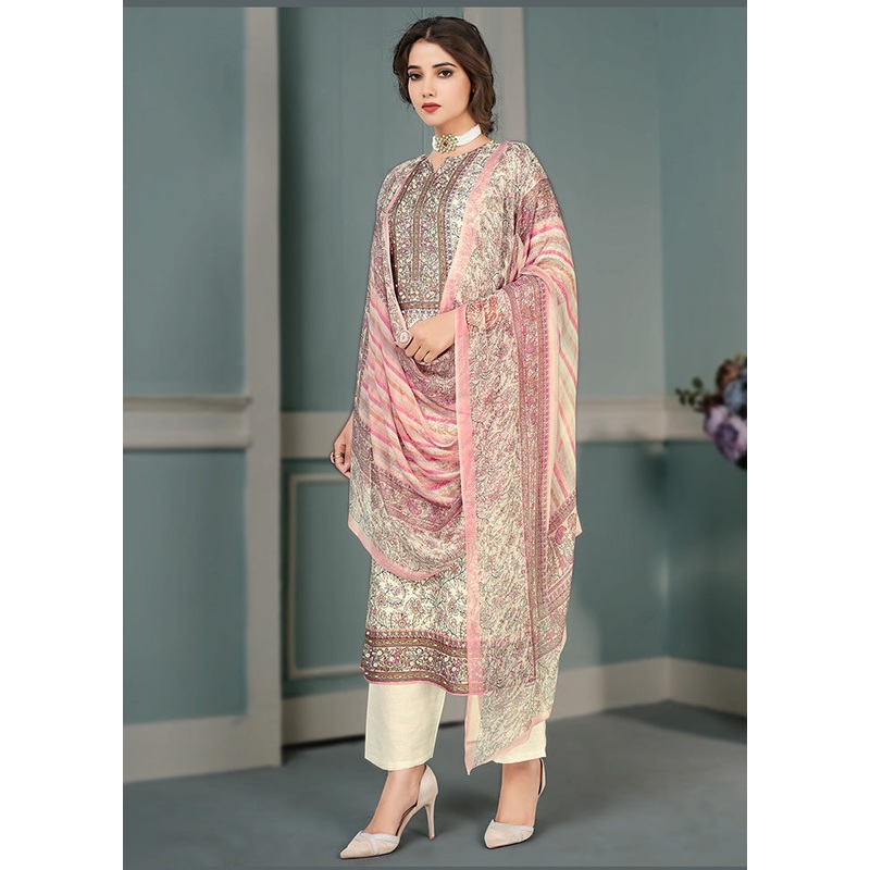 3 Pc Off White Unstitched Silk Suit Set - JD986591107