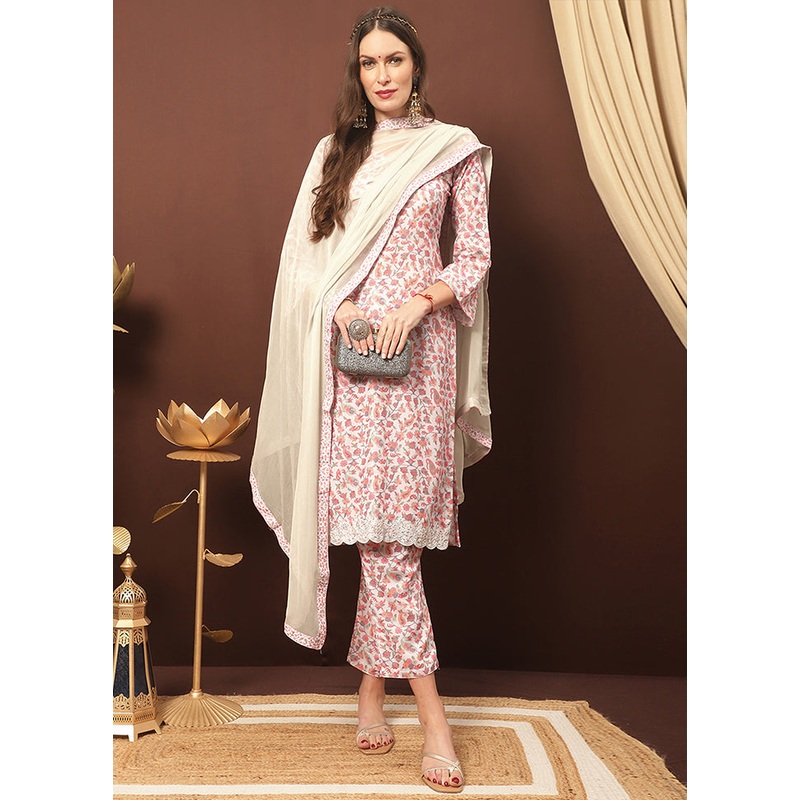 3 Pc Off White Unstitched Silk Suit Set With Dupatta - JD986591030