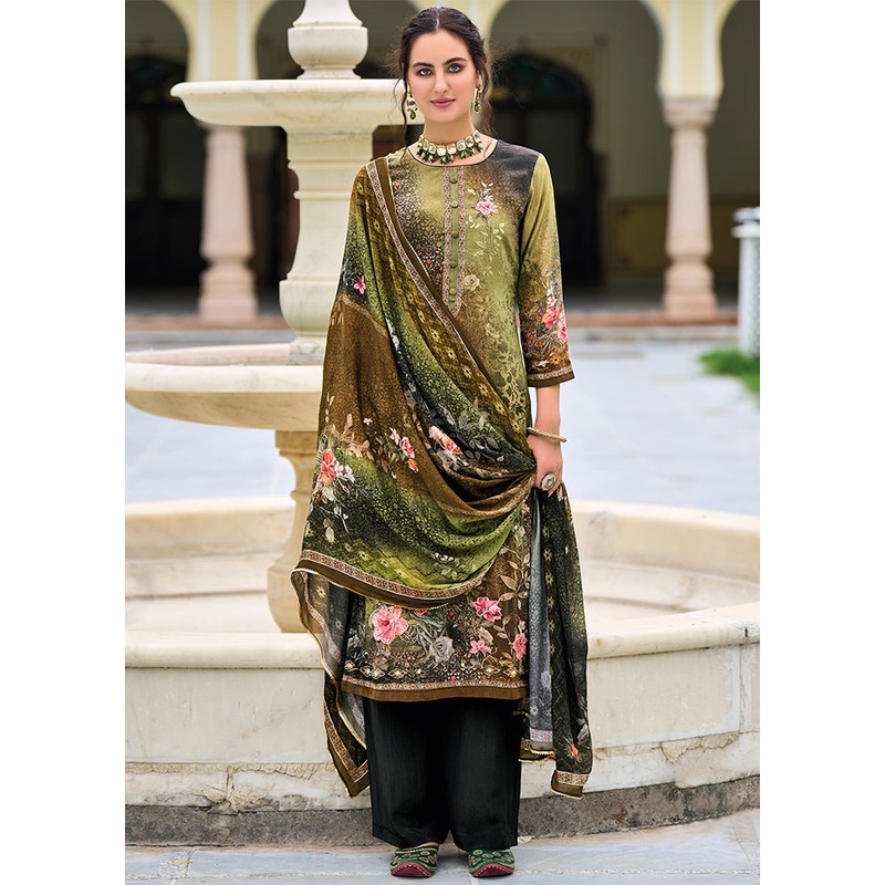 3 Pc Olive Green Unstitched Suit Set With Dupatta - JD986591011