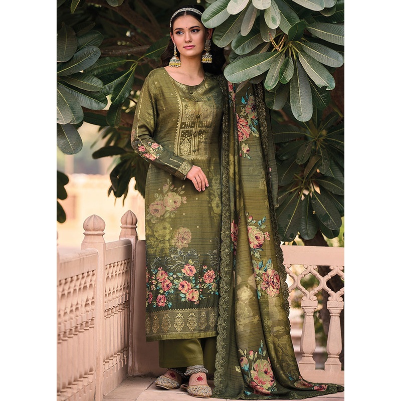 3 Pc Olive Green Unstitched Suit Set With Dupatta - JD986591055