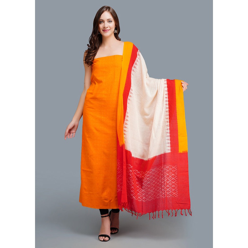 3 Pc Orange Cotton Salwar Suit Set With Dupatta - JD986590986
