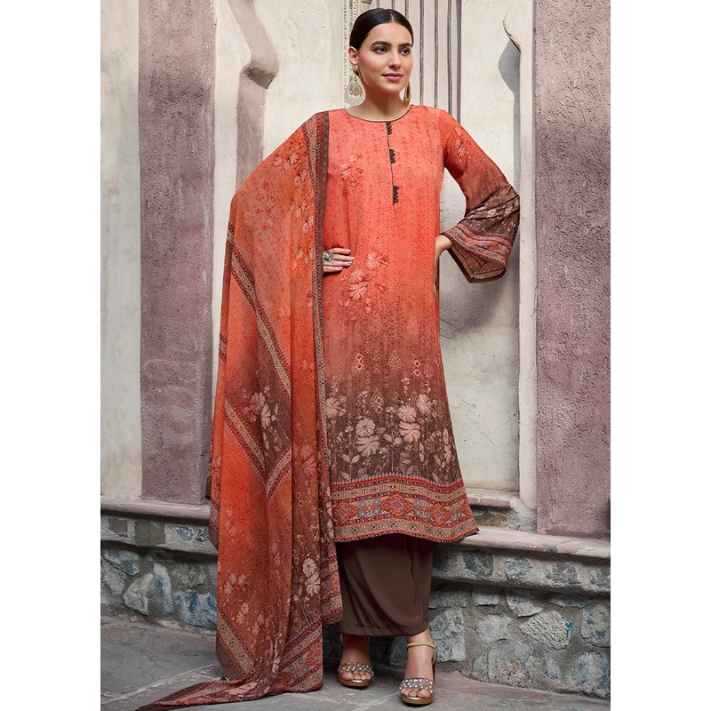 3 Pc Orange Unstitched Digital Print Silk Suit Set - JD986591079