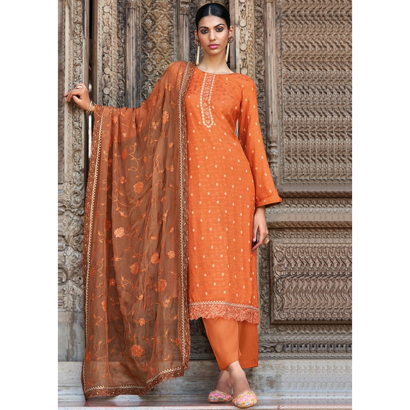 3 Pc Orange Unstitched Silk Suit Set With Dupatta - JD986591002