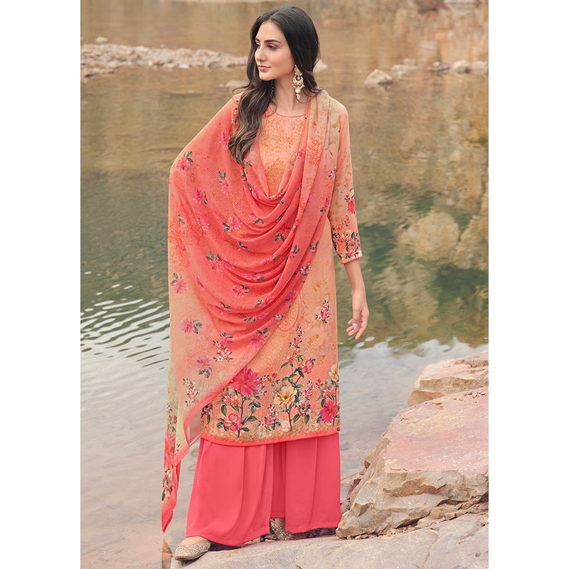 3 Pc Peach Digital Unstitched Suit Set With Dupatta - JD986590929