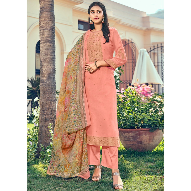 3 Pc Peach Unstitched Pure Silk Suit Set - JD986591085