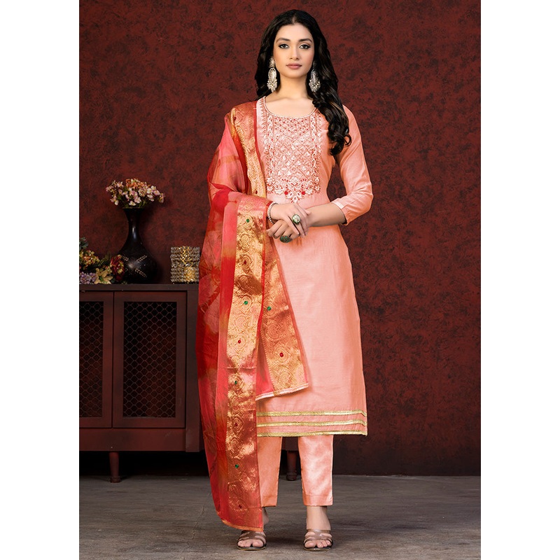 3 Pc Peach Unstitched Silk Hand Suit Set - JD986591102