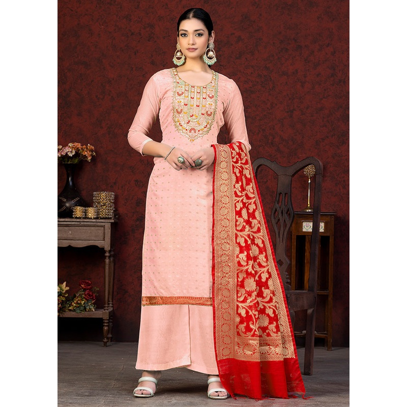3 Pc Peach Unstitched Silk Hand Suit Set - JD986591106