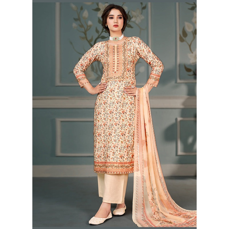 3 Pc Peach Unstitched Silk Suit Set - JD986591109