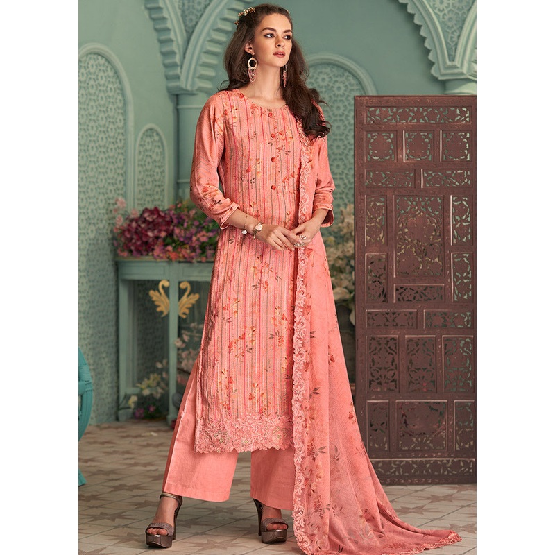 3 Pc Peach Unstitched Silk Suit Set With Dupatta - JD986590905
