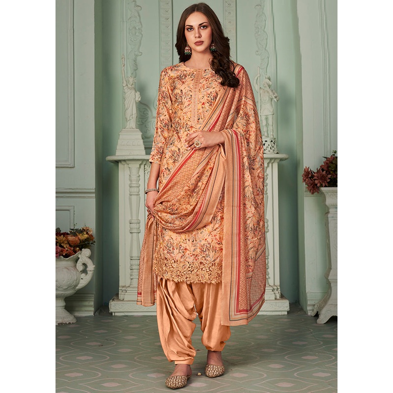 3 Pc Peach Unstitched Suit Set With Dupatta - JD986590913