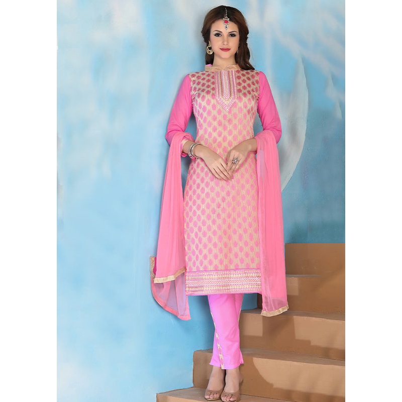 3 Pc Pink Unstitched Cotton Salwar Suit With Dupatta - JD986590945