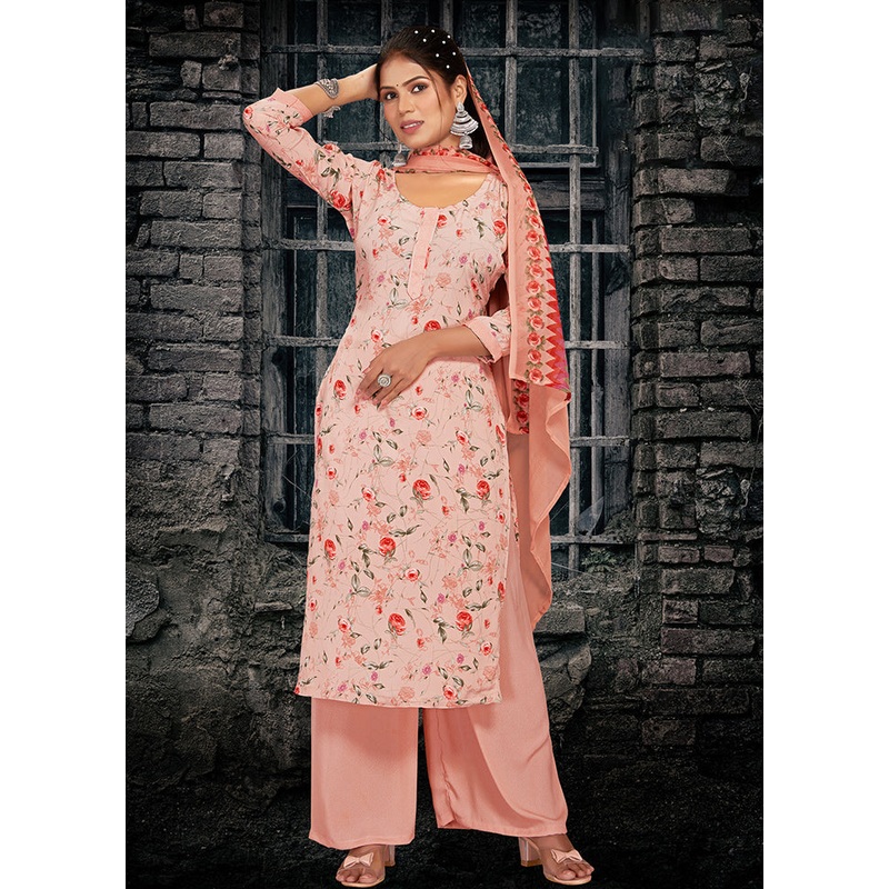 3 Pc Pink Unstitched Digital Print Silk Suit Set - JD986591073