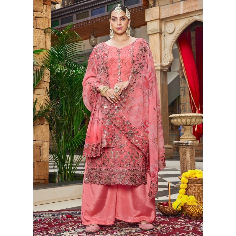 3 Pc Pink Unstitched Georgette Suit Set - JD986591114