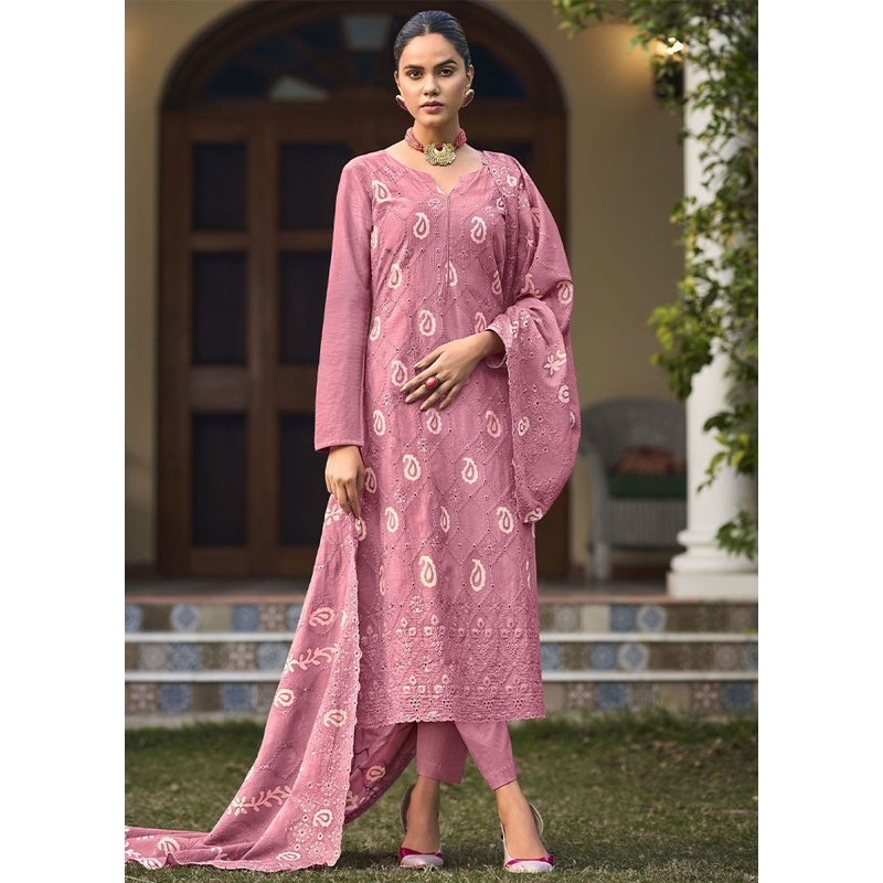3 Pc Pink Unstitched Pure Cotton Thread Work Suit Set - JD986591081